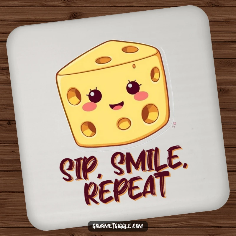 Funny cheese coaster featuring a happy character with a wide grin and holes, protecting surfaces with cheesy humor.