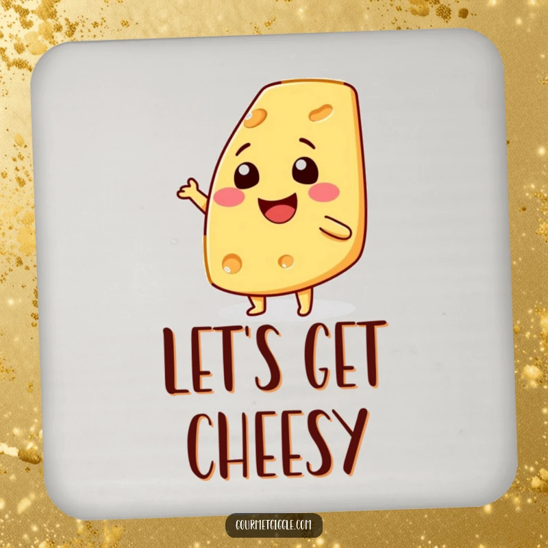 Funny smiling cheese wedge coaster, cork backing, showcases a dancing wedge of cheese, protects furniture with cheesy humor.