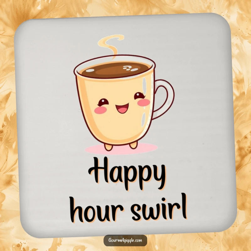 Funny drink coaster featuring a bubbly cup of coffee doing a cheerful twirl, protecting surfaces with delightful beverage art.