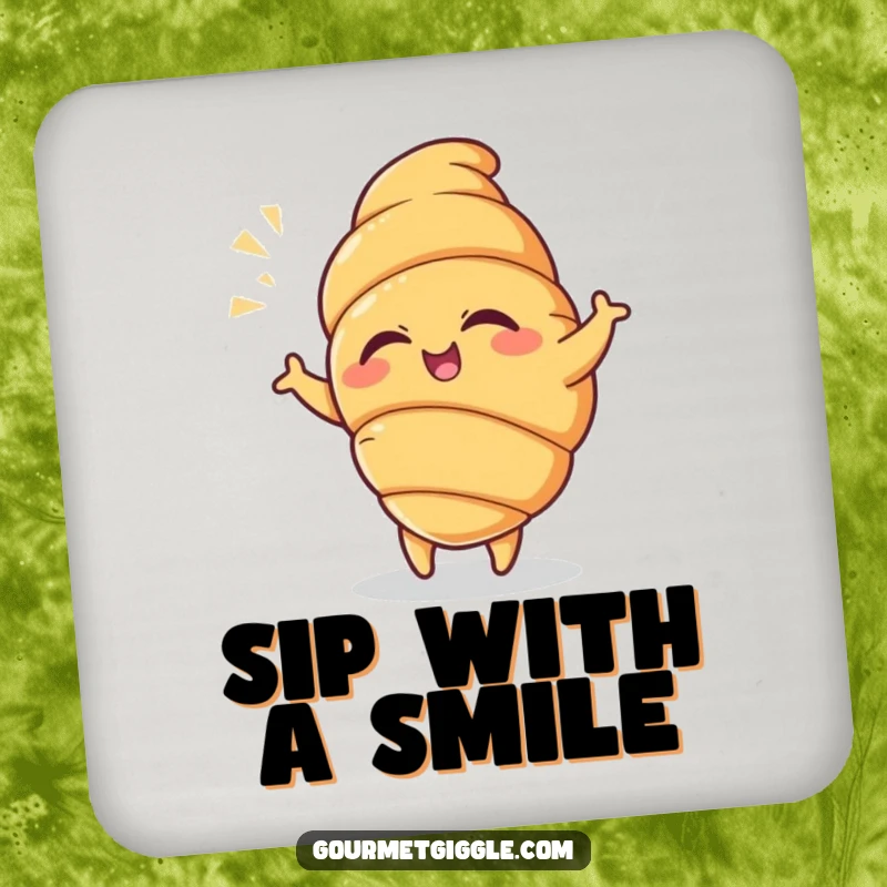 Funny Croissant Coaster featuring a winking croissant in a playful dance with a flourish, perfect for protecting surfaces.