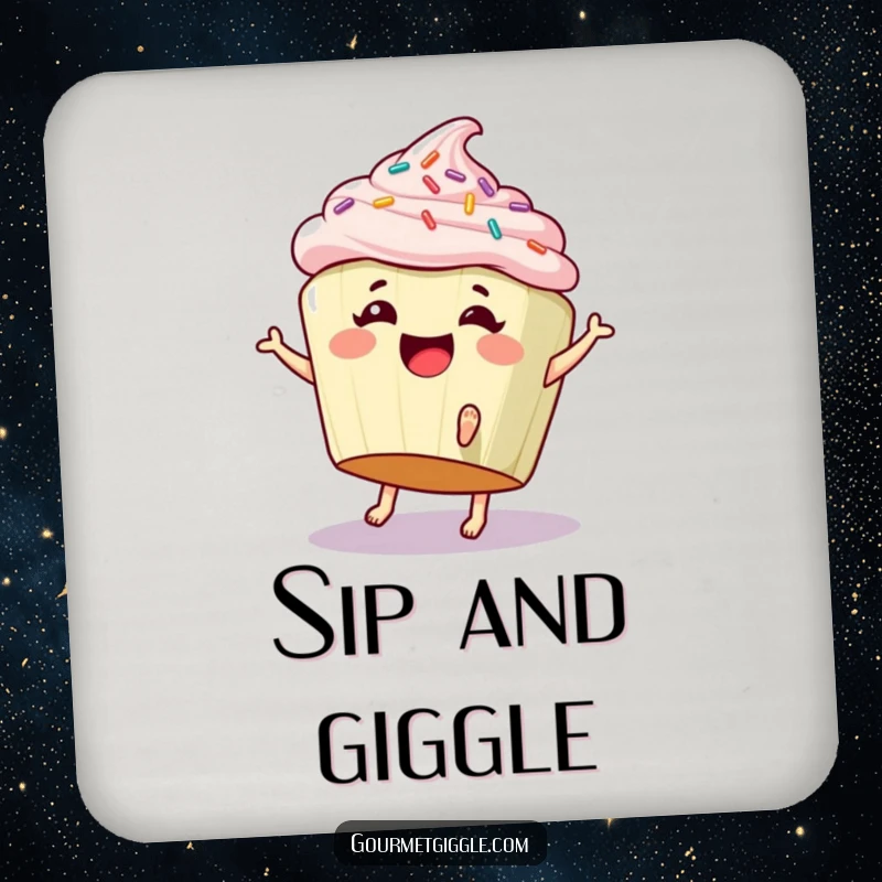 Funny drink coaster with a giggling cupcake doing a cartwheel, protecting furniture with sweet, humorous flair.