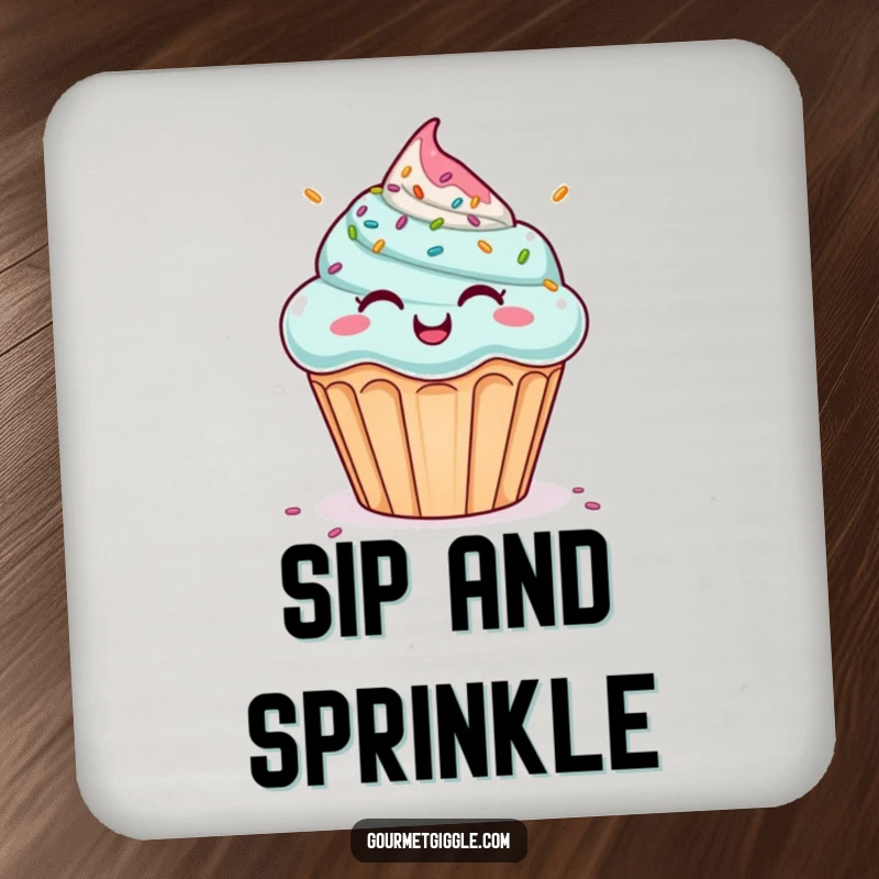 Funny drink coaster with a giggling cupcake under a sprinkle shower. Humorous and functional, a delightful funny gift.