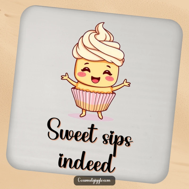 Funny cupcake coasters featuring a cheerful cupcake with frosting hair, happily doing a little jig to protect surfaces.