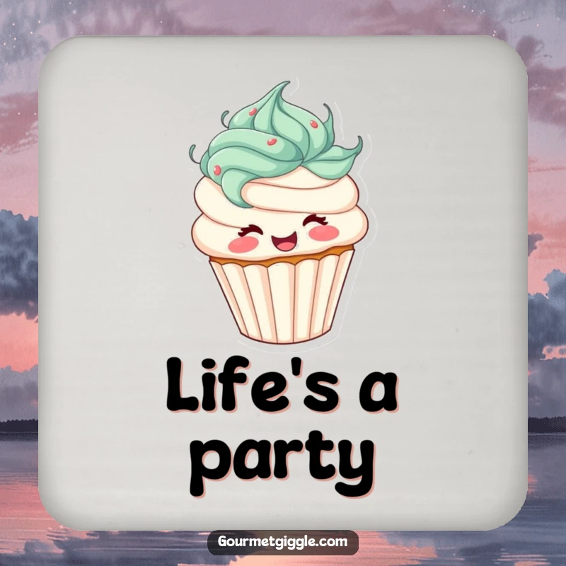 Funny cupcake coasters set showing a delightful cupcake with frosting hair in a celebratory spin. Protects furniture with humor.