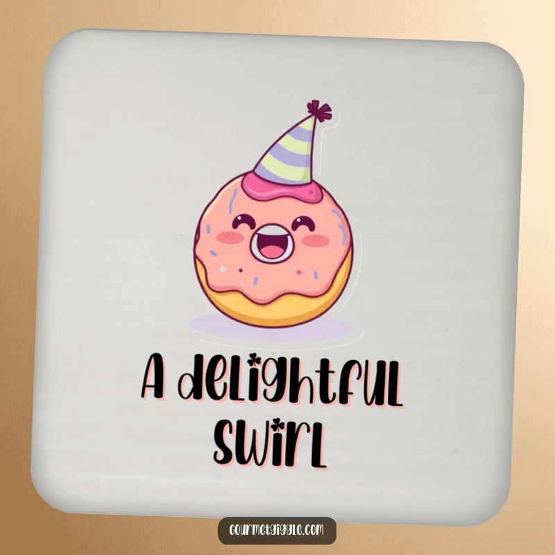 Funny delighted donut character wearing a tiny party hat on a drink coaster, festive protection for tables, a perfect funny gift.