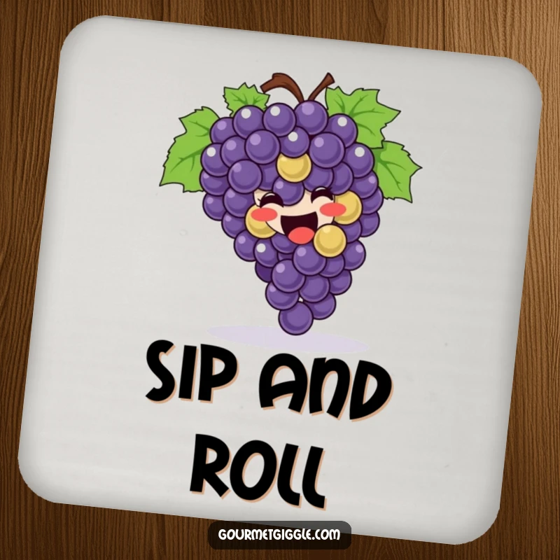 Funny Drink Coaster featuring a joyful bunch of grapes rolling, providing a humorous and functional surface protector.