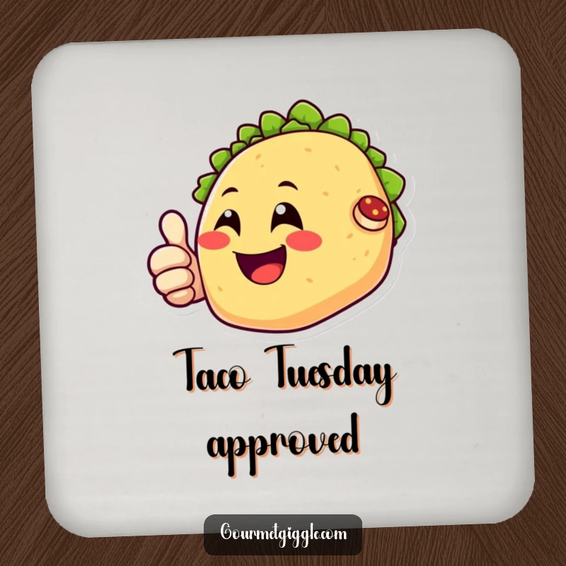 Funny drink coaster with a happy taco character smiling and giving a thumbs up, adding a touch of delicious humor.