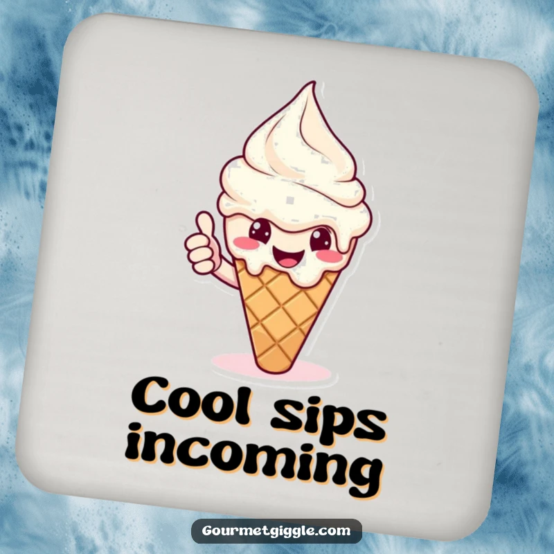 Funny ice cream drink coasters featuring a melting cone giving a cheerful thumbs up. Adds sweet charm to drink service.