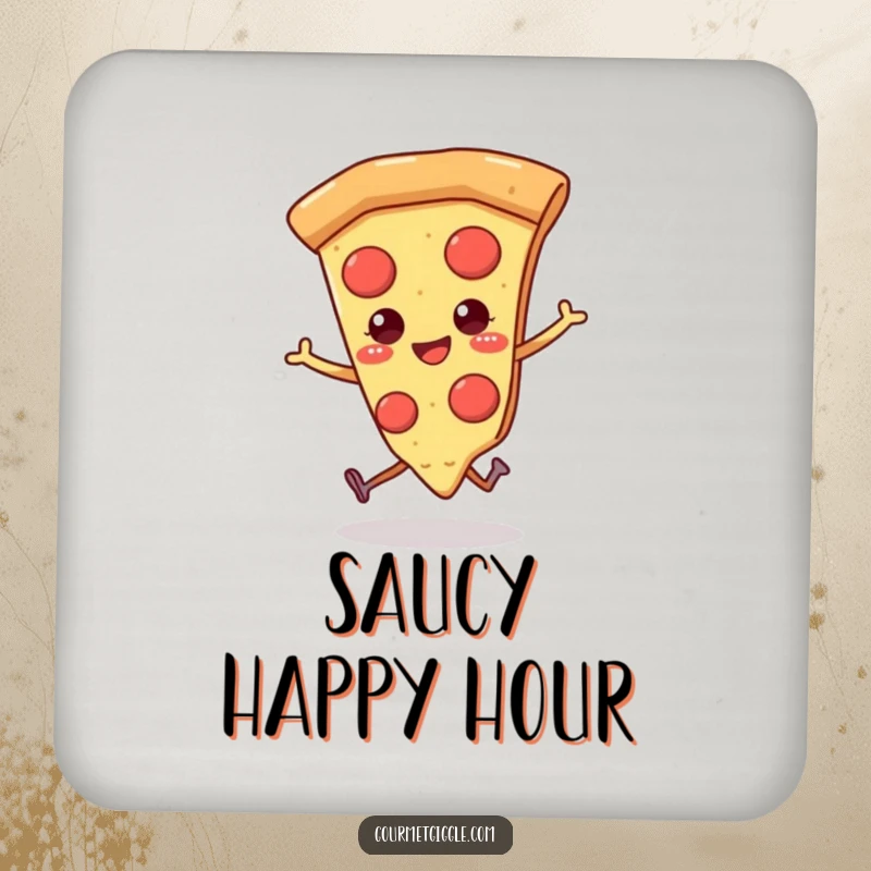 Funny pizza coasters featuring a smiling slice of pizza with tiny legs, joyfully skipping to protect surfaces.