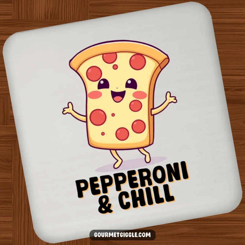 Funny Drink Coaster: A smiling pizza slice doing a happy jig, adding a touch of cheesy dance fun to your tabletop.