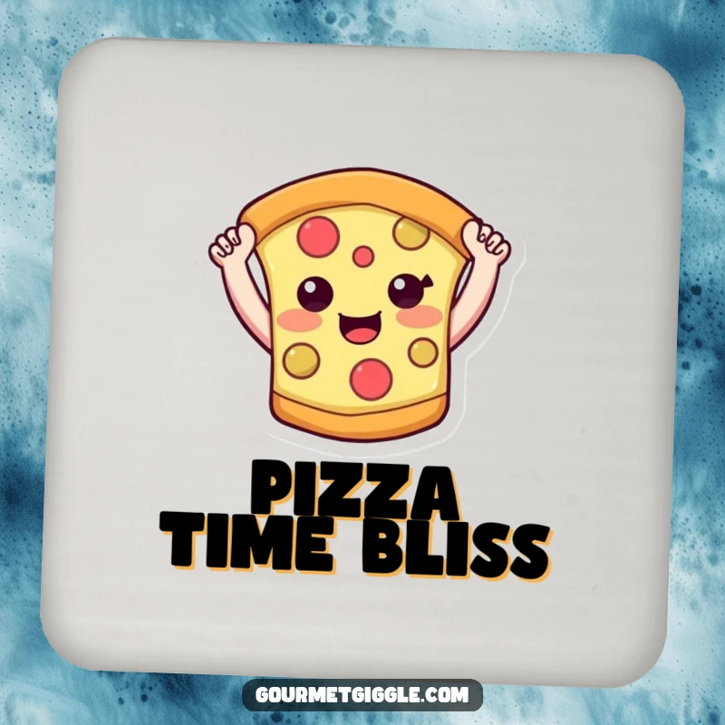 Funny pizza slice coasters set showcasing a smiling pizza character with raised arms, adding a protective and humorous touch.