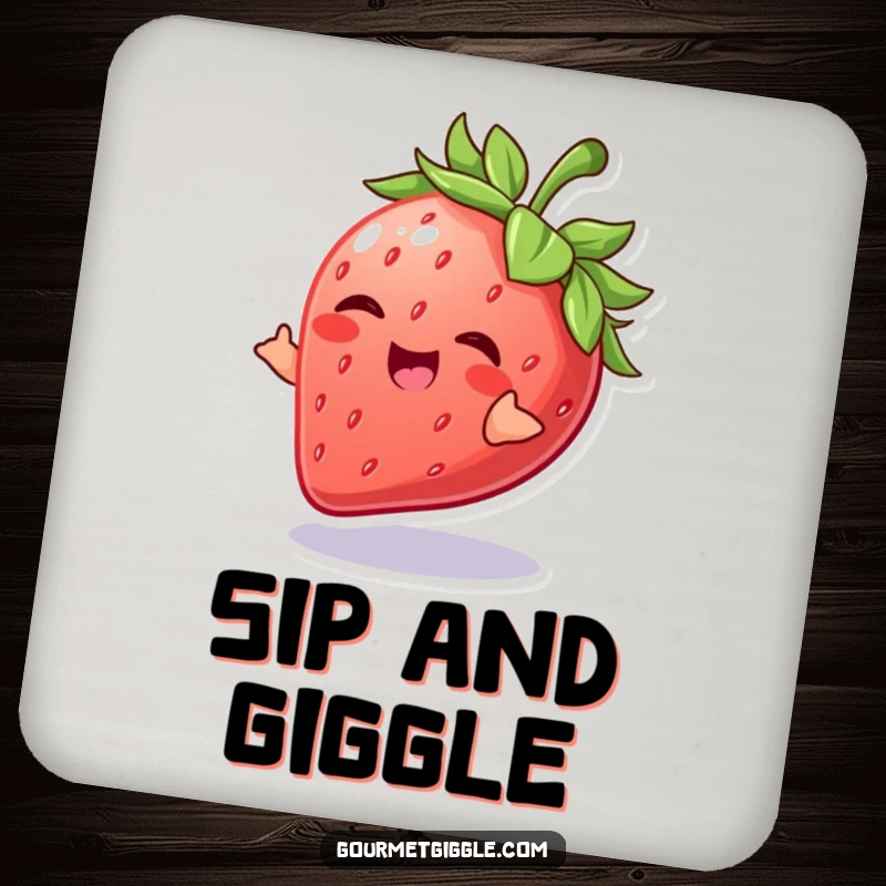 Funny Strawberry Coaster featuring a giggling strawberry in a playful spin, perfect for protecting surfaces with fruity flair.