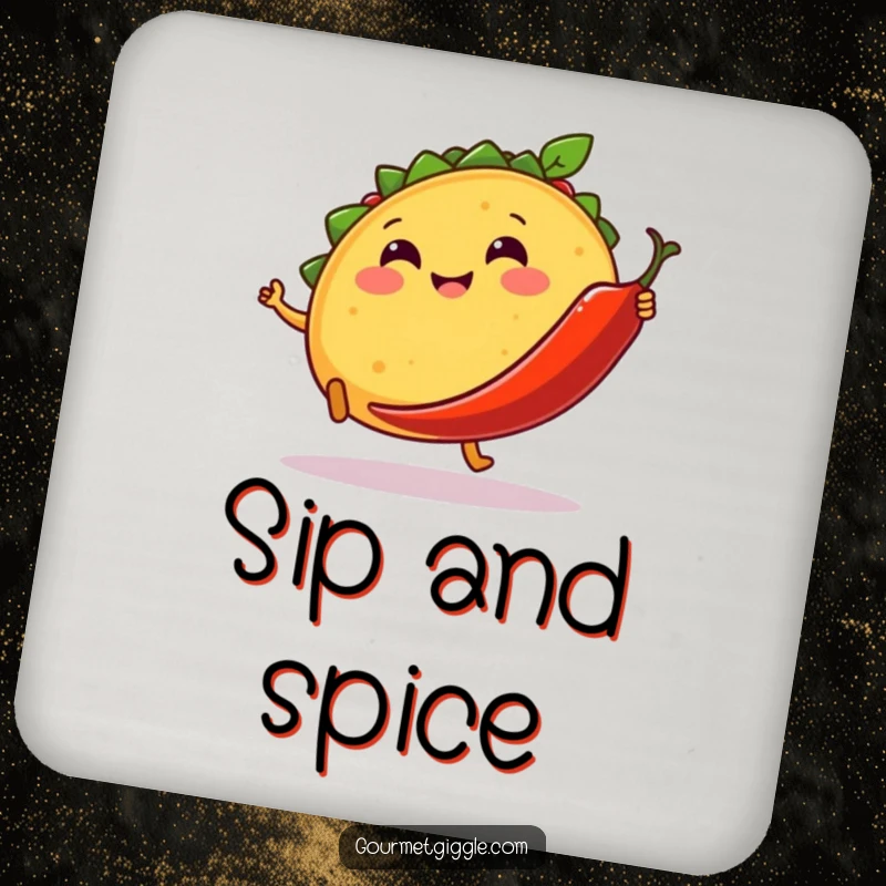 Funny drink coaster with a smiling taco kicking a dancing chili pepper, perfect for humorous and fiesta-themed surface protection.