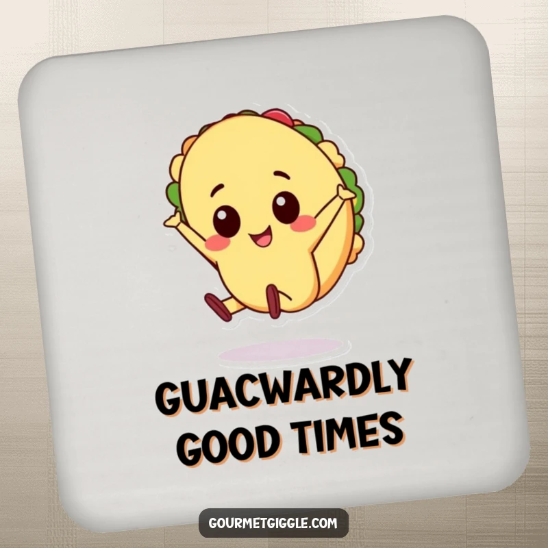Funny cheerful taco character doing a cartwheel on a drink coaster, lively protection for tables, a perfect funny gift.