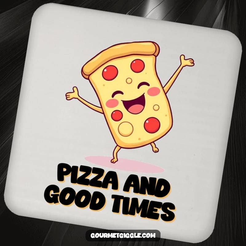 Funny pizza cartwheel drink coaster with a smiling slice of pizza doing a joyful cartwheel, protecting furniture.