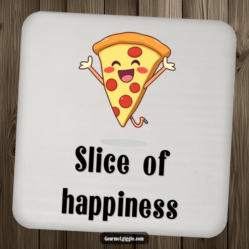 Funny drink coaster depicting a smiling pizza slice in a joyful jump, adding humor and protection to beverage placement.