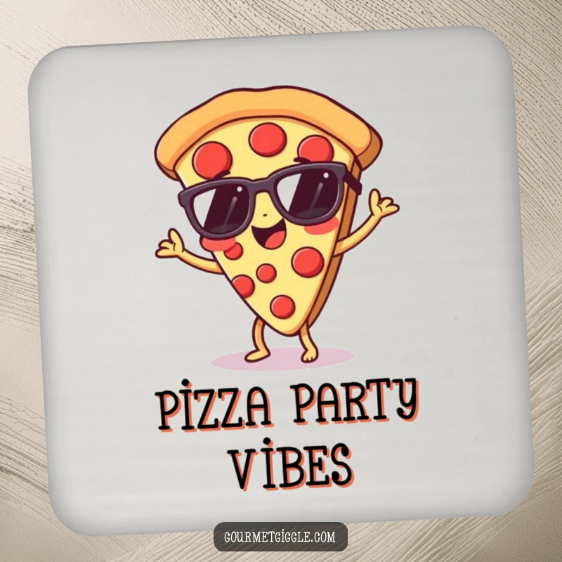 Funny pizza drink coaster featuring a dancing slice in sunglasses, adding a cool vibe.
