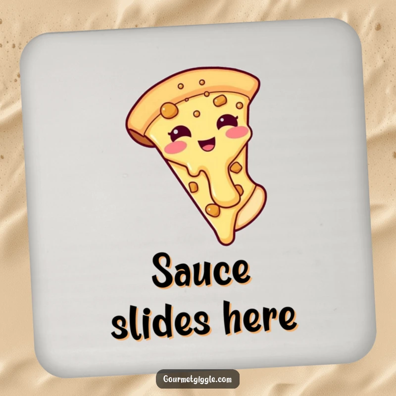 Funny drink coasters featuring a smiling pizza slice with its cheesy topping comically sliding off, adding humor to any surface.