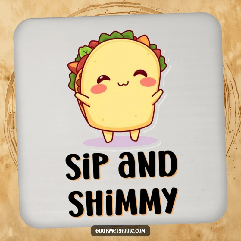 Funny Taco Coasters: A set of coasters featuring a happy taco doing a spirited shimmy, its filling wiggling, providing protection with a humorous twist.
