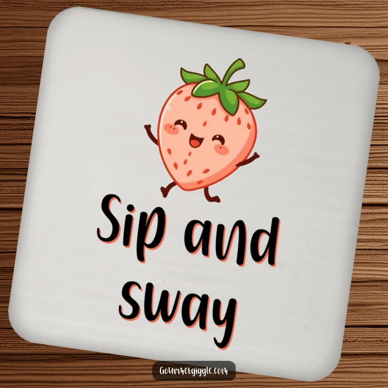Funny drink coaster with a cheerful strawberry character dancing energetically on its tiny legs, adding a touch of fruity fun.
