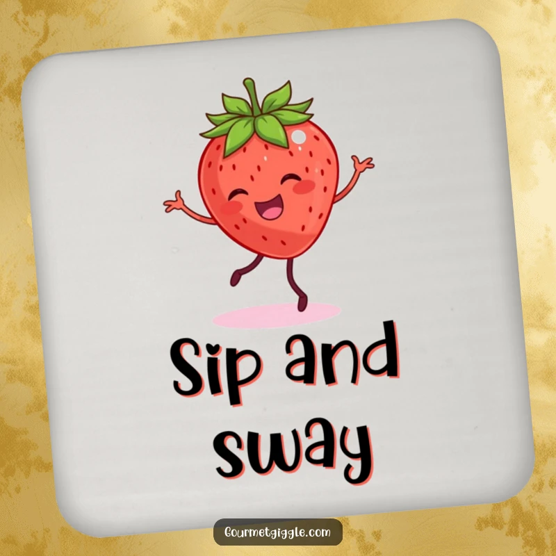 Funny drink coaster set with a smiling strawberry with legs dancing joyfully, offering protective charm.