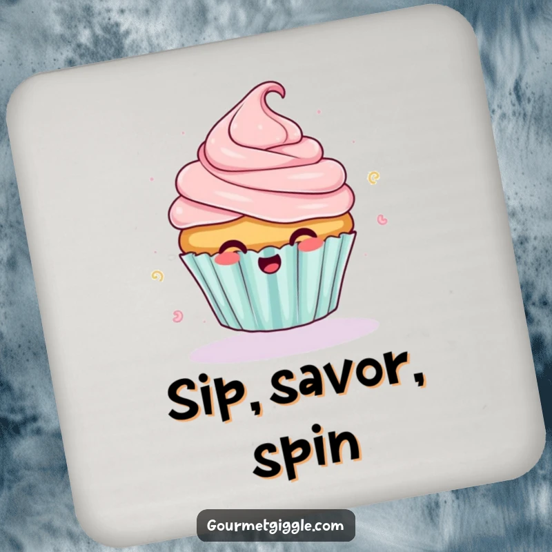 Funny giggling cupcake drink coaster with frosting flying off mid-spin, offering sweet protection with humorous charm.