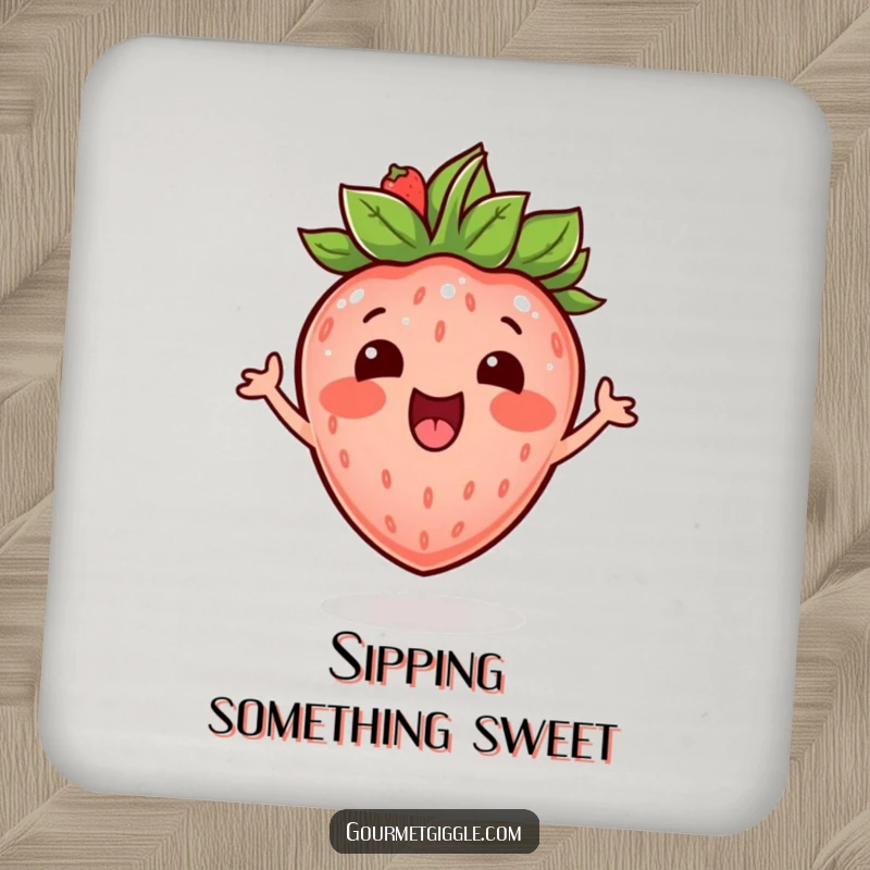Funny excited strawberry with a leafy crown, bouncing with mirth, acting as a cheerful drink coaster.