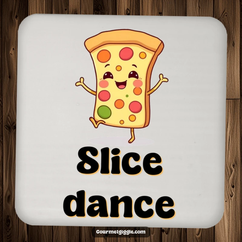 Funny drink coasters featuring a smiling pizza slice with tiny legs dancing happily, great for surface protection.