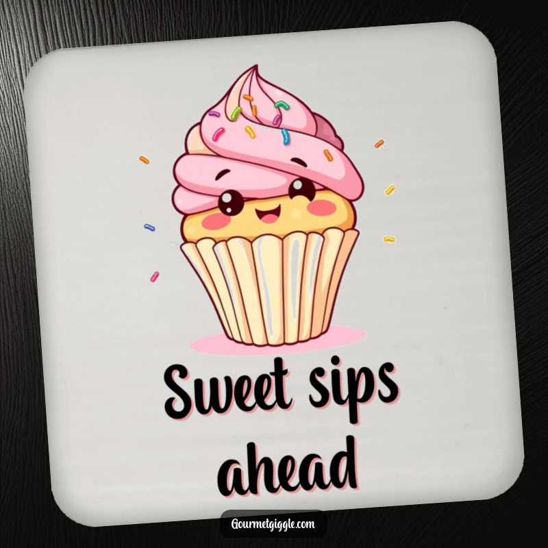 Funny cupcake character drink coaster, a giggling, bobbing cupcake with bouncing sprinkles, protecting surfaces with sweet humor.