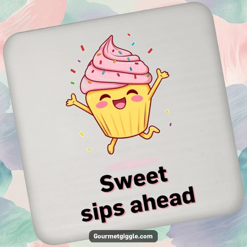 Funny cheerful cupcake doing a joyful leap with sprinkles flying, printed on protective drink coasters.