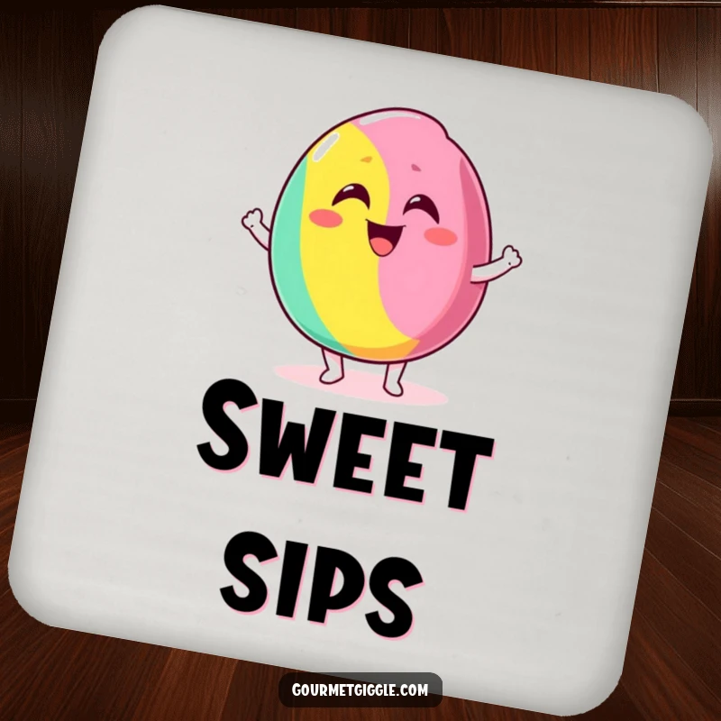 Funny drink coaster with a delighted candy bouncing excitedly with a silly grin, protecting furniture with sweet, humorous flair.