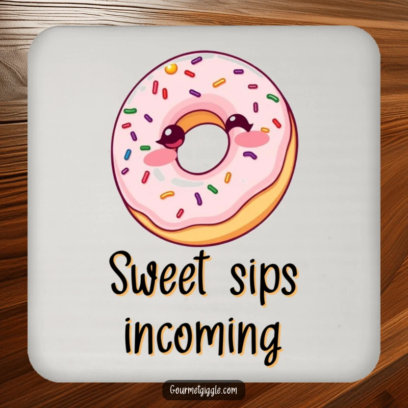 Funny Giggling Donut Coasters: A set of coasters featuring a giggling donut with bouncing sprinkles, offering protection with a sweet and humorous design.
