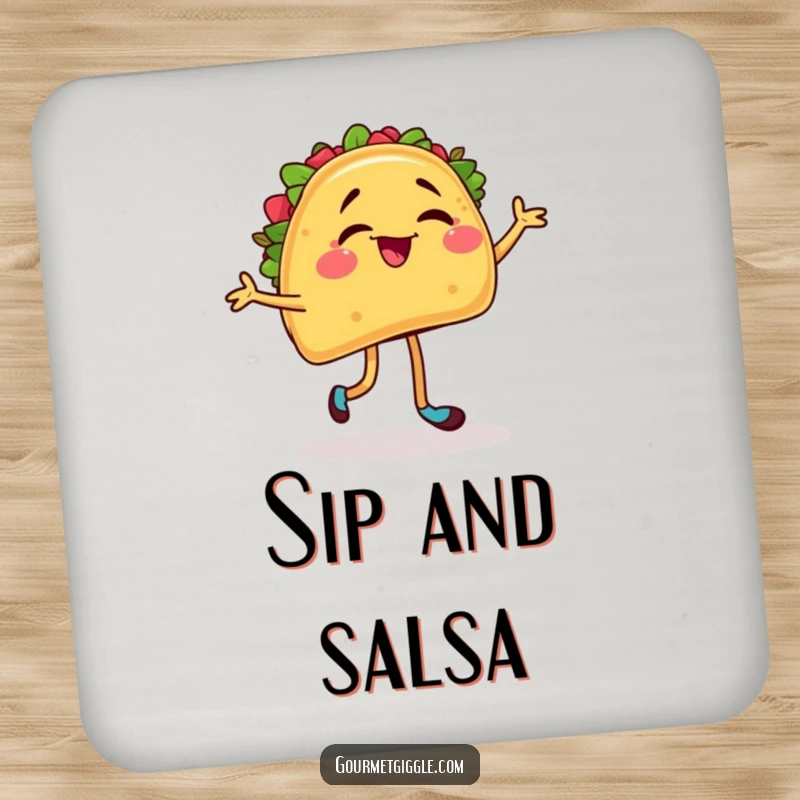 Funny drink coaster depicting a winking taco in a salsa dance pose, adding humor and protection to beverage placement.