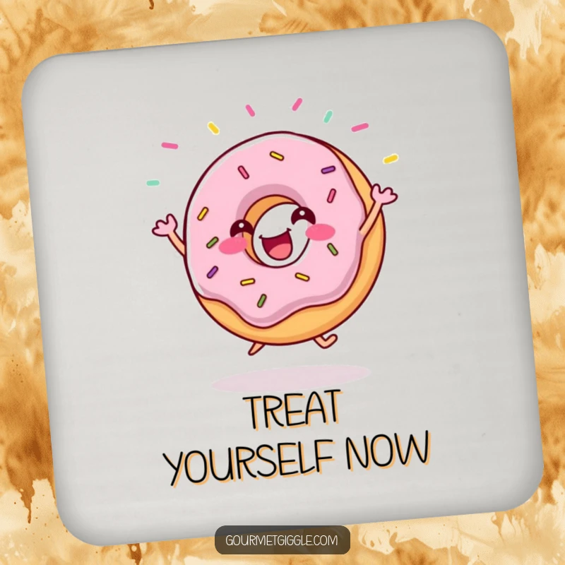 Funny donut jig coasters set showing a gleeful donut with flying sprinkles, adding a protective and humorous touch to surfaces.