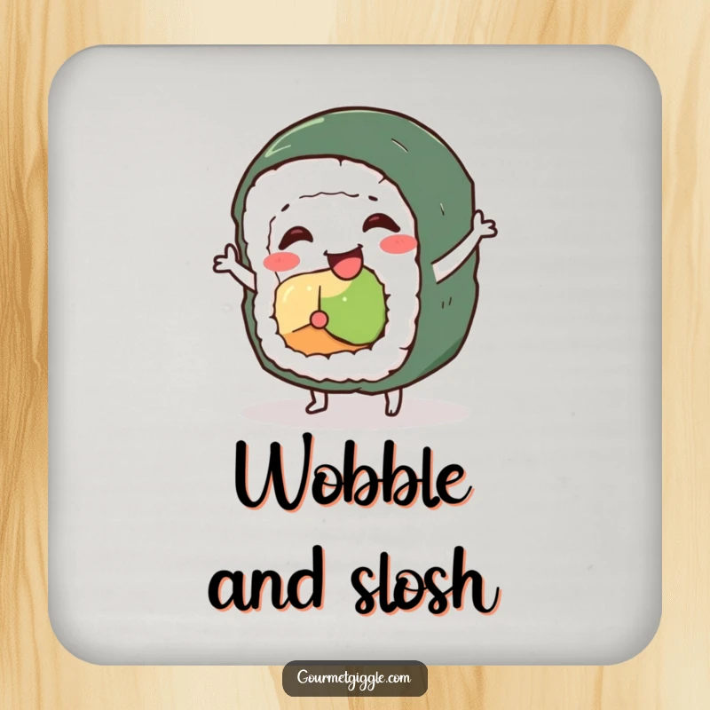 Funny sushi roll character drink coaster, a wobbly roll performing a silly dance, protecting surfaces with humor.