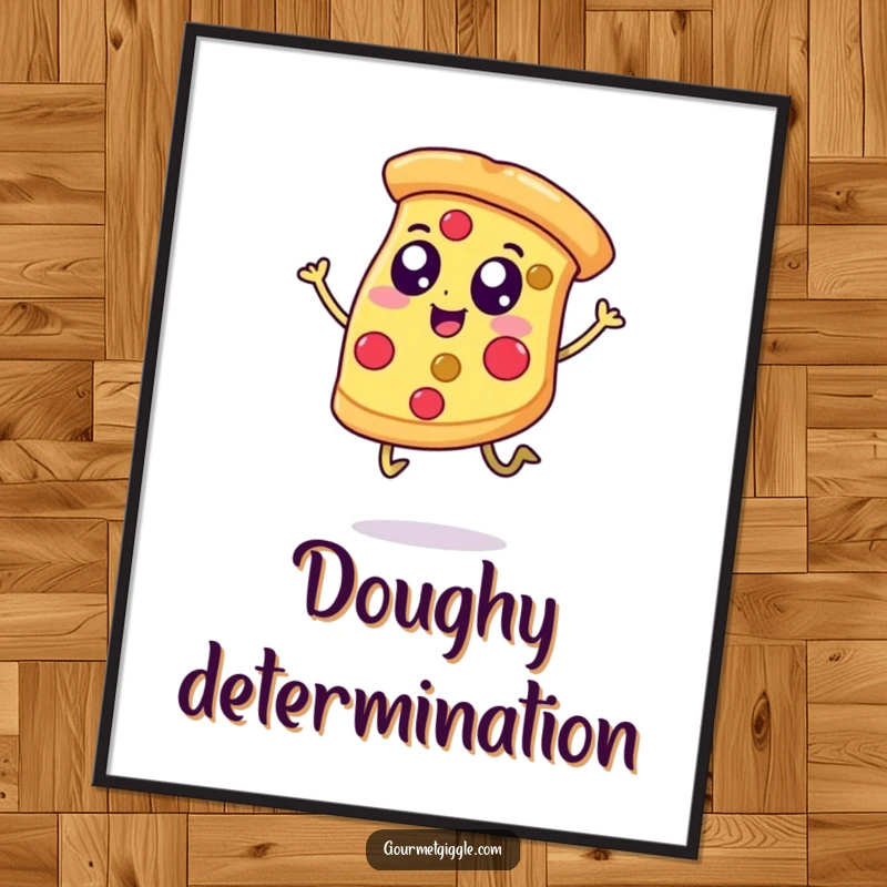 Funny poster featuring a happy, energetic pizza slice with legs, jumping with delight, adding a cheerful and humorous touch to decor.