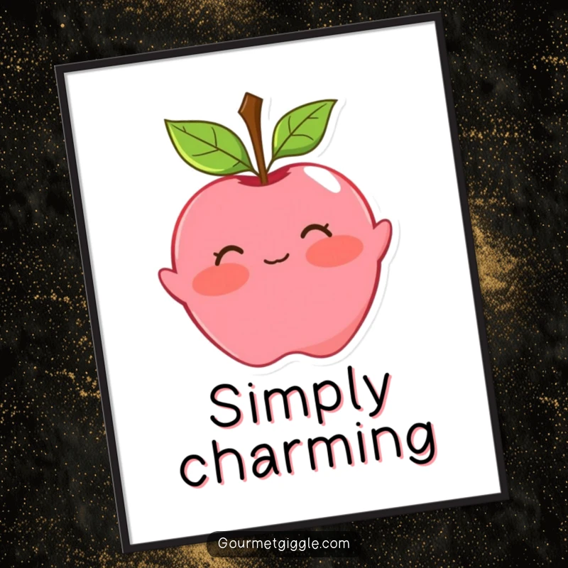 Funny apple poster featuring a blushing fruit with leaf hair, performing a playful curtsy. Whimsical and charming wall art.