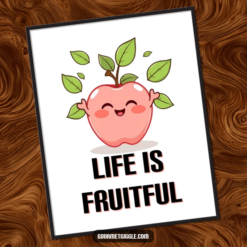 Funny Apple Juggling Leaves Poster: A happy apple cheerfully juggles its own leaves, creating a vibrant and comical piece of wall art.