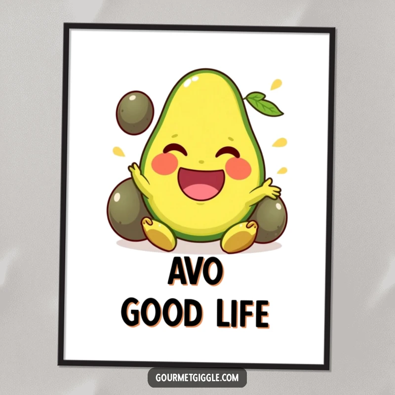 Funny Poster print of a beaming avocado skillfully juggling its pits, creating a whimsical and healthy art piece.
