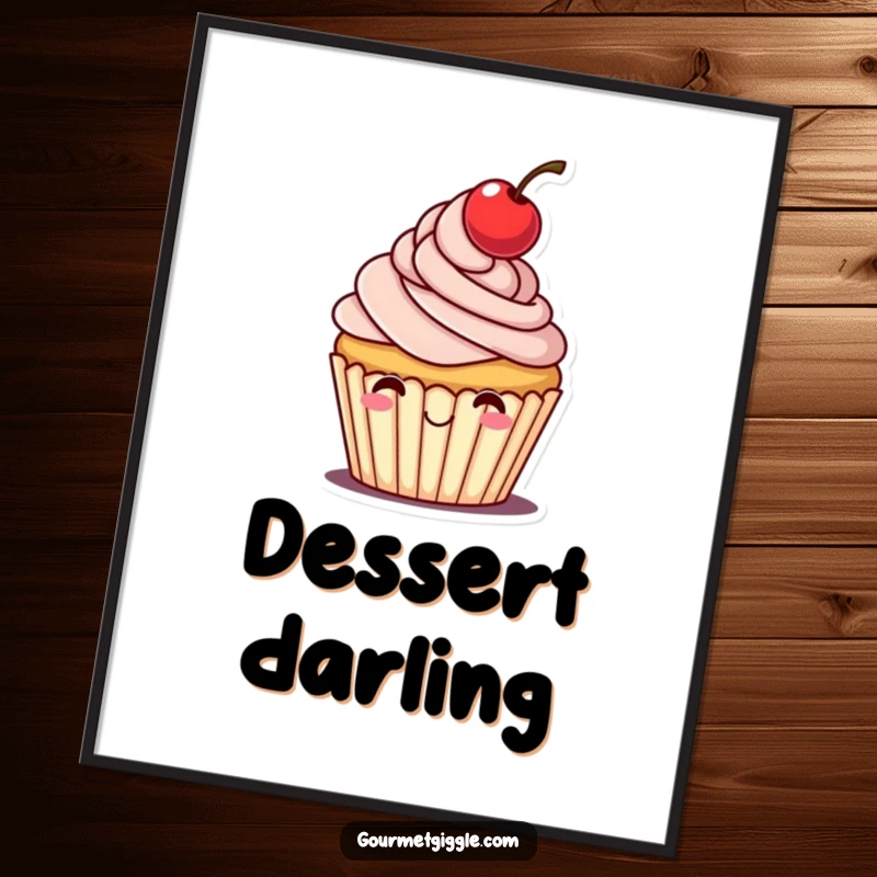 Funny poster art of a cheerful cupcake with frosting and a cherry tipping its hat, perfect for sweet decor.
