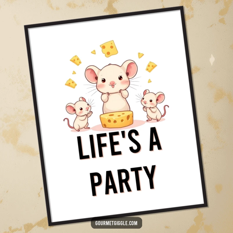 Funny Cheese Juggling Mice Poster: A jubilant piece of cheese skillfully juggles tiny mice, bringing a comical and artistic vibe to any wall.