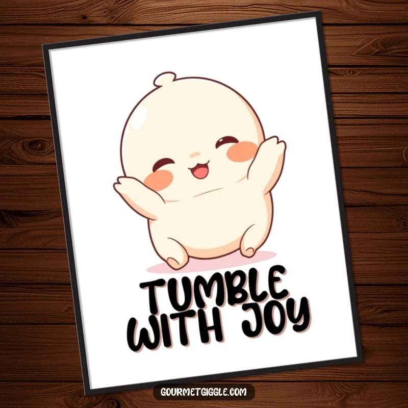 Funny chubby dumpling poster, a cute, round food character with rosy cheeks, joyfully tumbling to add cheer to any room.