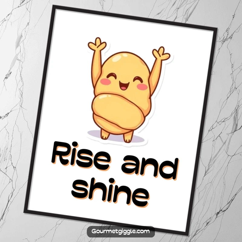 Funny croissant poster featuring a cheerful pastry with tiny arms raised in a happy cheer. Whimsical and inviting wall art.