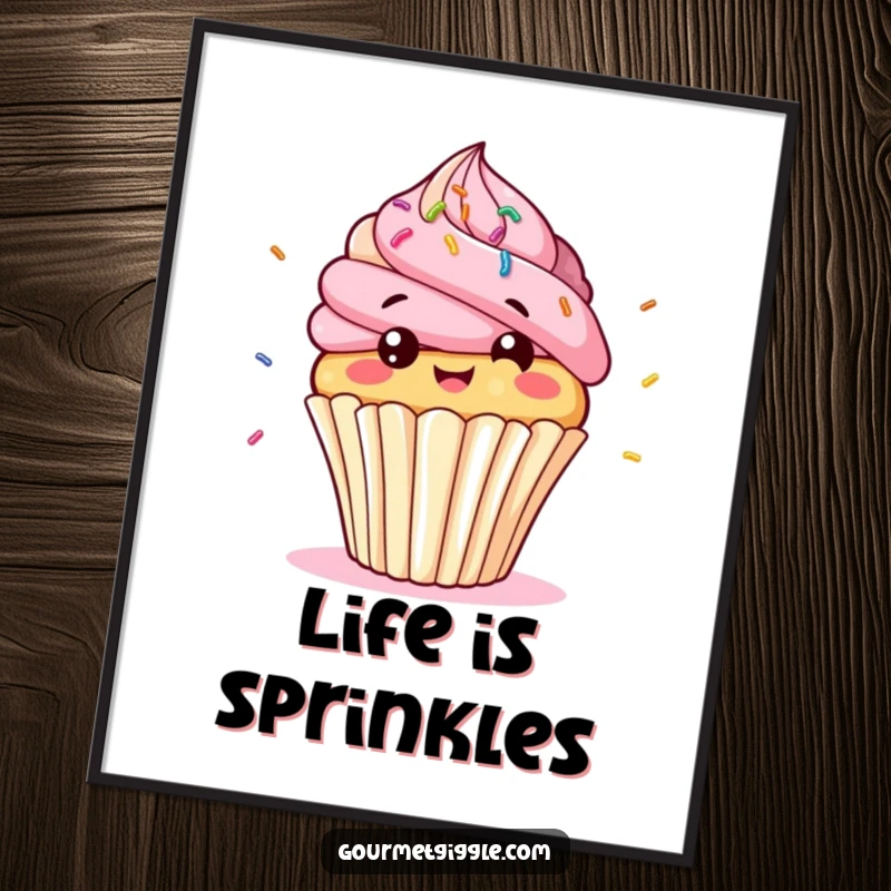 Funny cupcake character poster, a giggling, bobbing cupcake with bouncing sprinkles, perfect for sweet and playful wall decor.