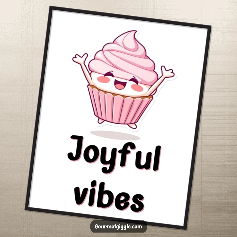 Funny Cupcake Poster print of a smiling cupcake character joyfully leaping, radiating pure delight.