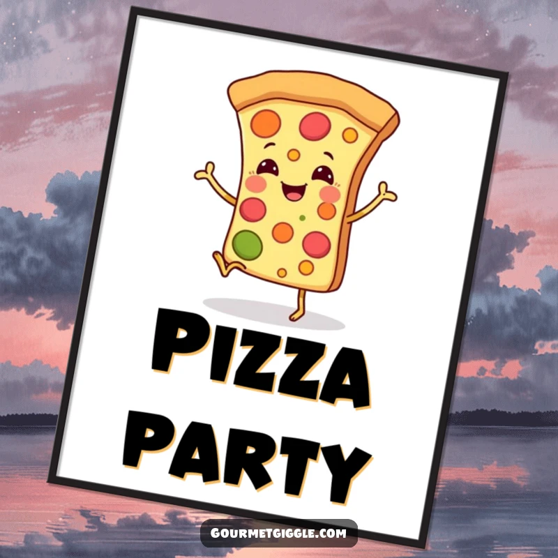 Funny poster art of a smiling pizza slice with tiny legs dancing joyfully, perfect for kitchen or dining room decor.