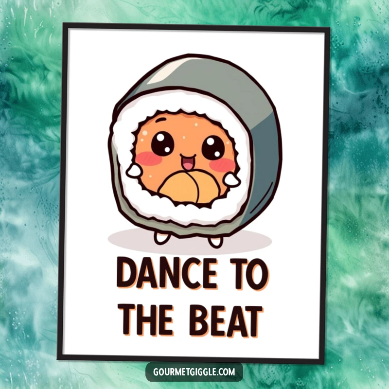 Funny delighted sushi roll with expressive eyes, joyfully dancing, presented as playful wall art on a poster.