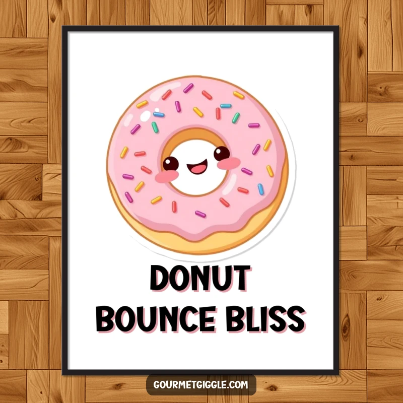 Funny donut poster capturing a happily bouncing sprinkled donut, full of playful movement.