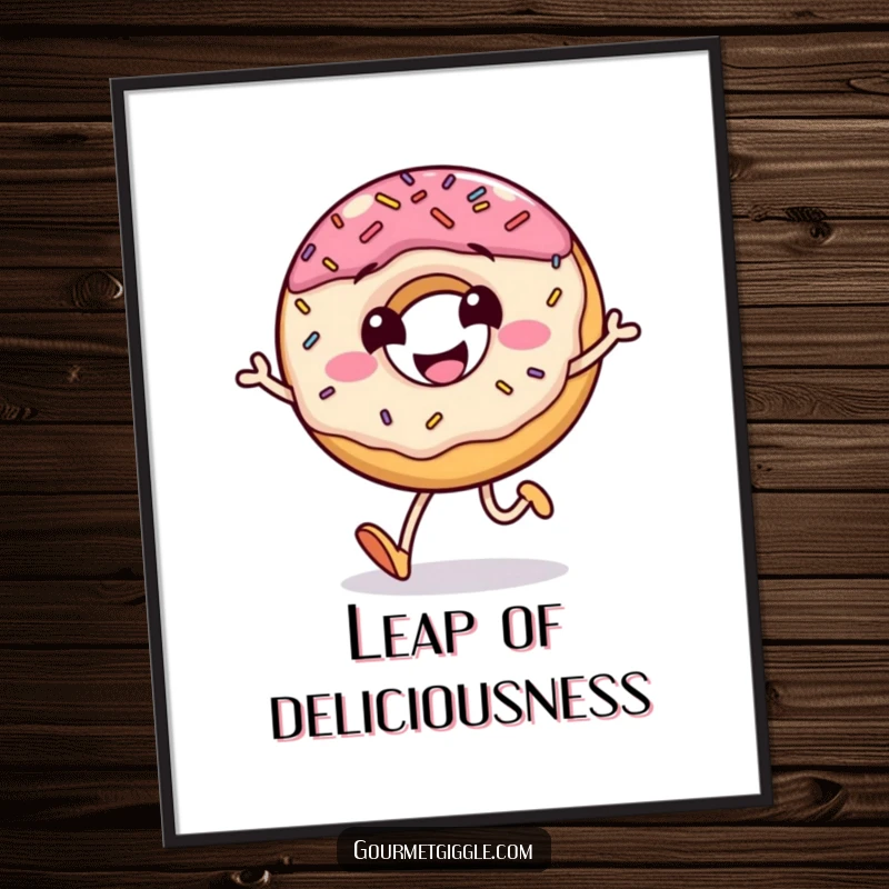 Funny poster art of a grinning donut with sprinkles joyfully jumping, a sweet and energetic piece of decor.