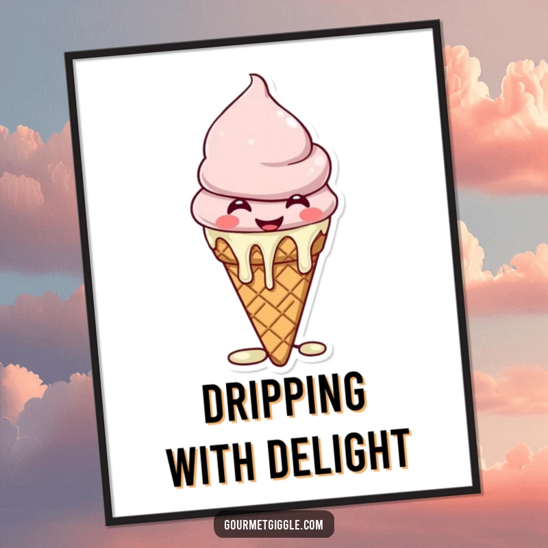 Funny Poster of a cheerful ice cream cone with a wide giggle and melting drips, symbolizing pure joy.